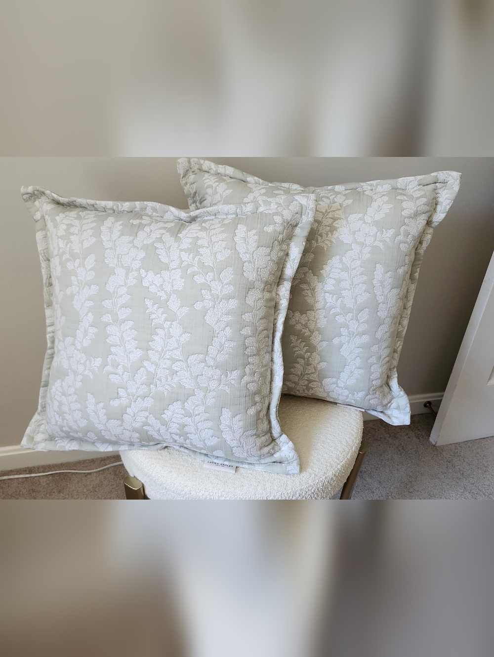 2 18" Laura Ashley Pale Sage Leaf Embroidered Throw Pillows With Flange Detail